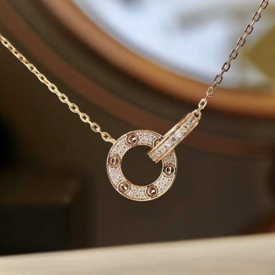 [Topon Jewelry]LOVE 7.6MM NECKLACE ROSE GOLD AND SILVER  FULL DIAMOND