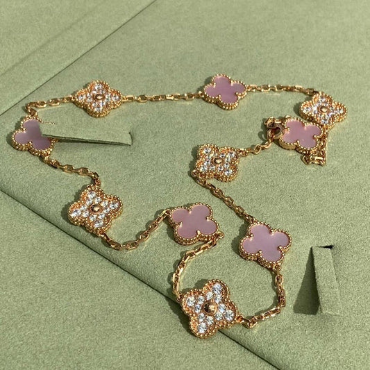 [Topon]CLOVER 10 MOTIFS DIAMOND PINK MOP NECKLACE
