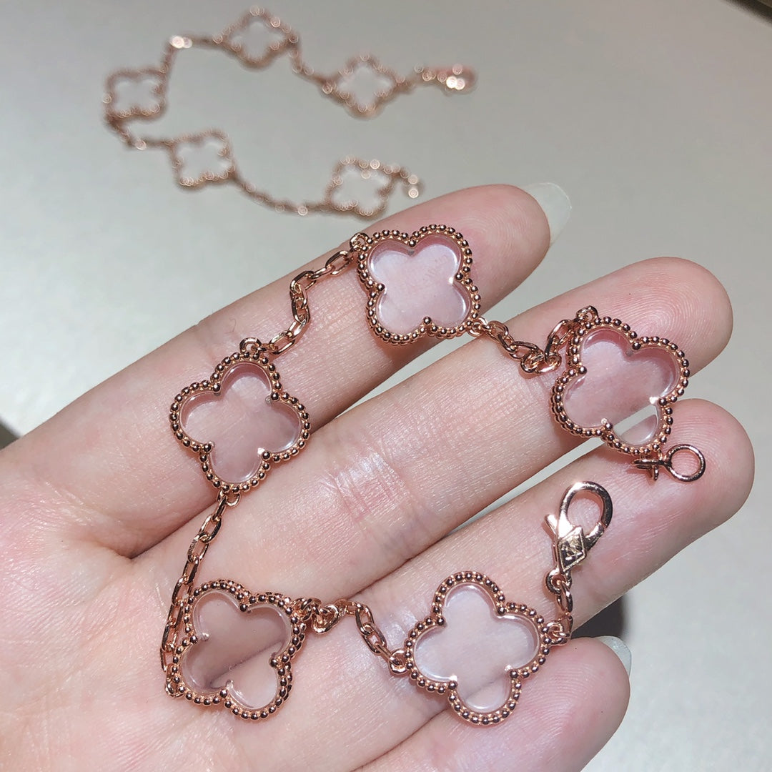 [Topon Jewelry]CLOVER 5 MOTIF ROCK CRYSTAL PINK GOLD BRACELET