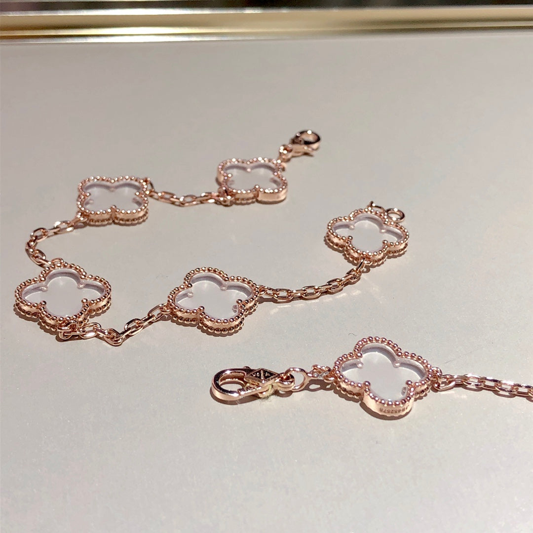 [Topon Jewelry]CLOVER 5 MOTIF ROCK CRYSTAL PINK GOLD BRACELET