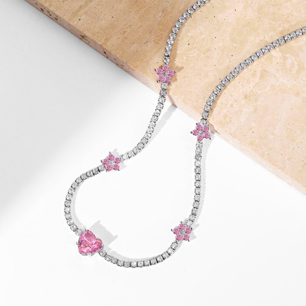 Dazzling Pink Heart Flower Necklace