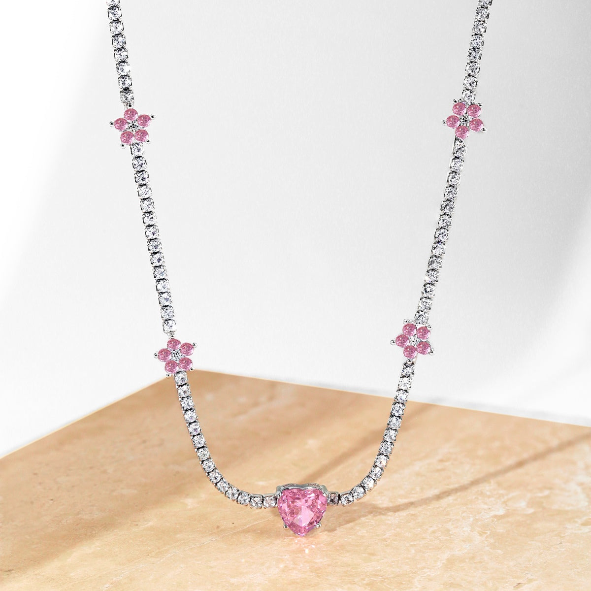 Dazzling Pink Heart Flower Necklace