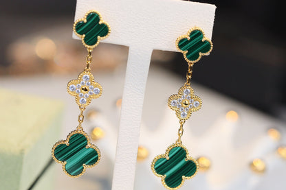 [Topon Jewelry]CLOVER EARRINGS GOLD MALACHITE DIAMOND 3 MOTIF