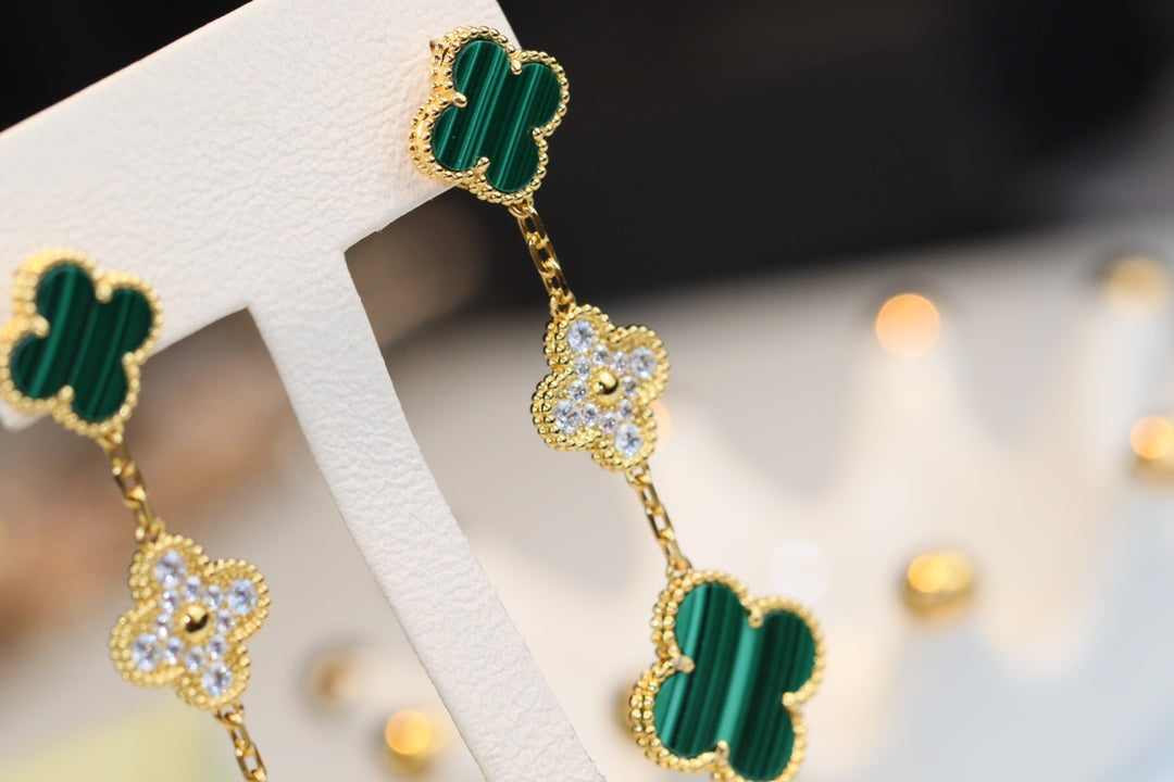 [Topon Jewelry]CLOVER EARRINGS GOLD MALACHITE DIAMOND 3 MOTIF