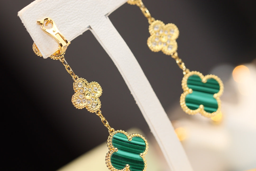 [Topon Jewelry]CLOVER EARRINGS GOLD MALACHITE DIAMOND 3 MOTIF