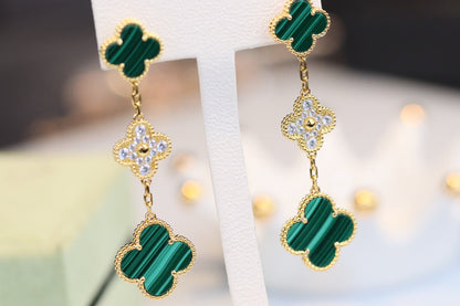 [Topon Jewelry]CLOVER EARRINGS GOLD MALACHITE DIAMOND 3 MOTIF