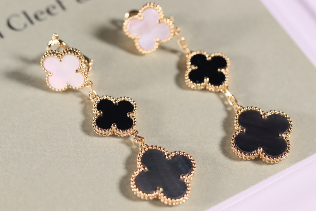 [Topon Jewelry]CLOVER EARRINGS GOLD ONYX MOP 3 MOTIF