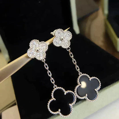 [Topon Jewelry]CLOVER 2 MOTIFS  DIAMOND ONYX EARRINGS SILVER