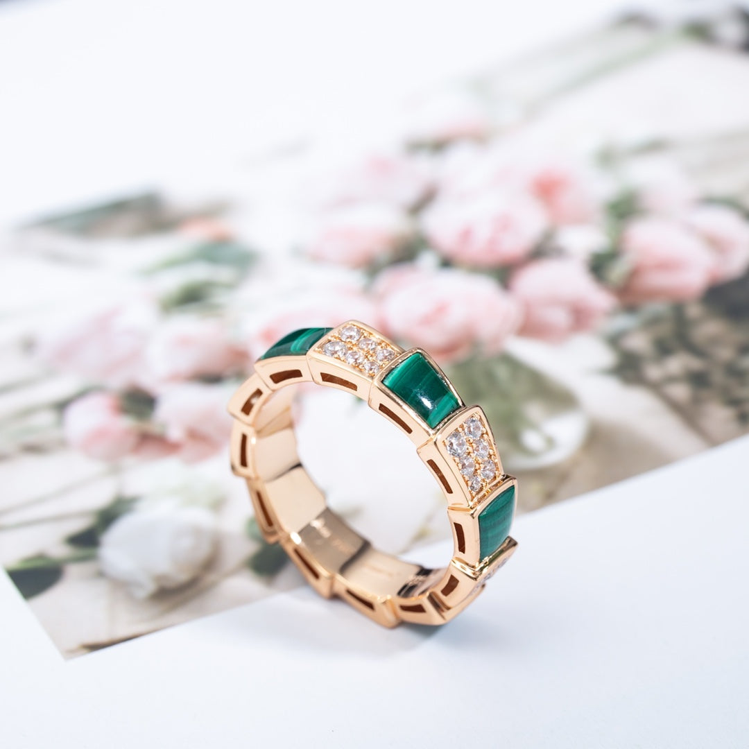 [Topon Jewelry]SERPENTI RING PINK GOLD MALACHITE DIAMOND PAVED 4MM