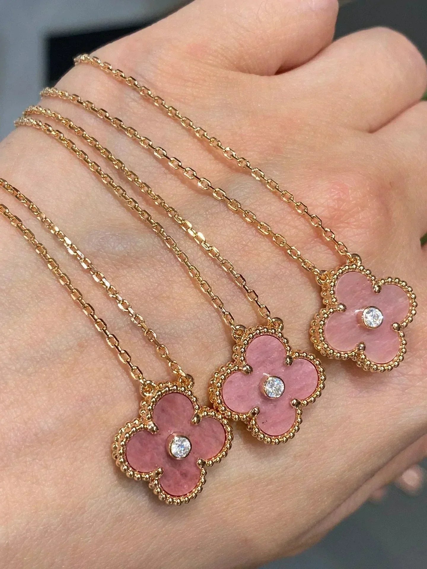 [Topon Jewelry]CLOVER 15MM DIAMOND RHODONITE NECKLACE