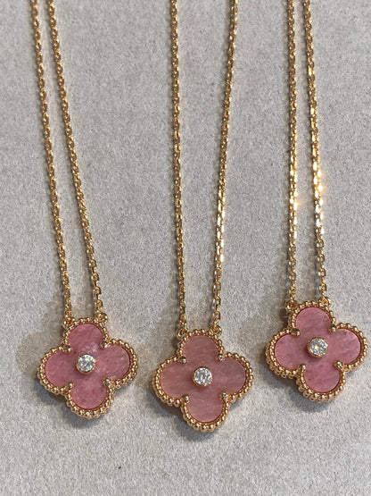 [Topon Jewelry]CLOVER 15MM DIAMOND RHODONITE NECKLACE