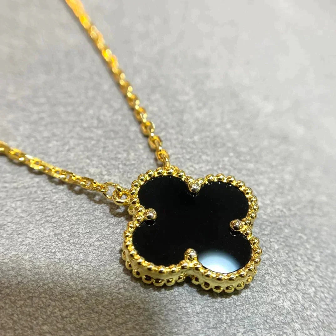 [Topon Jewelry]CLOVER 15MM BLACK ONYX SINGLE FLOWER NECKLACE