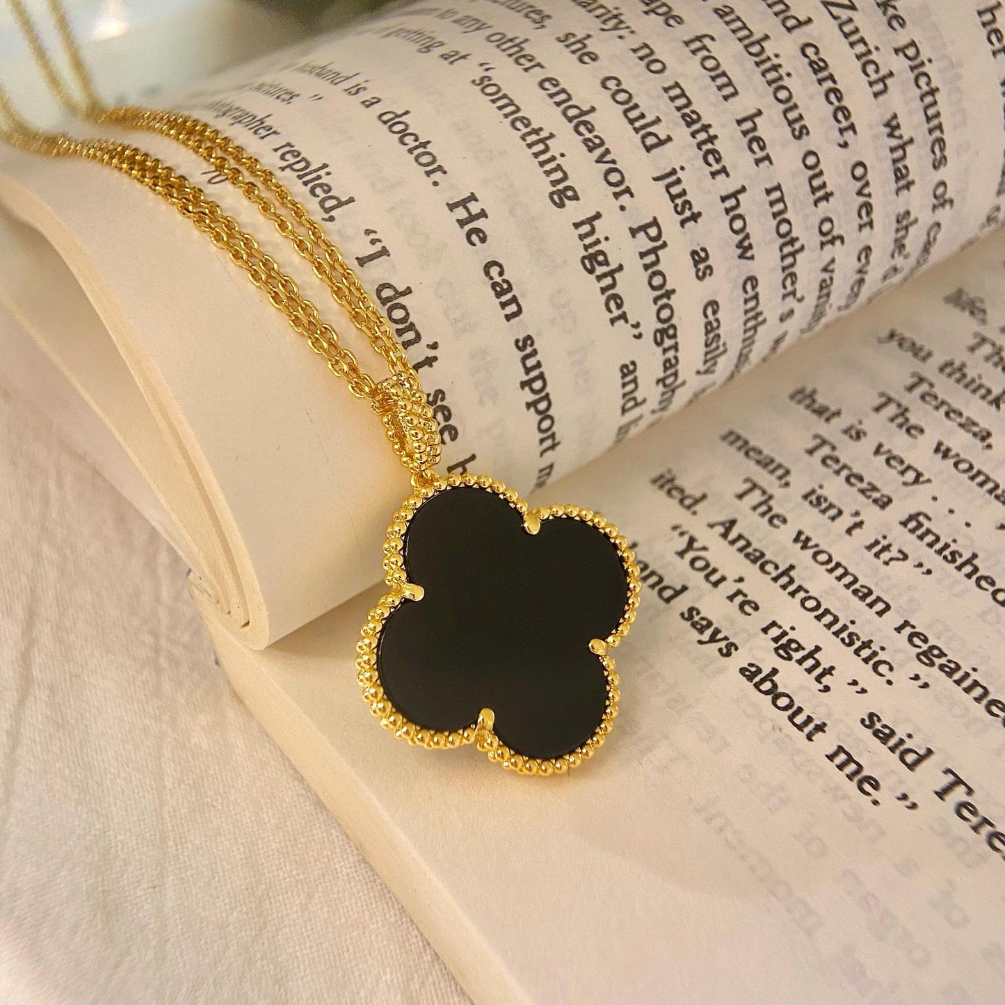 [Topon Jewelry]CLOVER 25MM NECKLACE GOLD ONYX