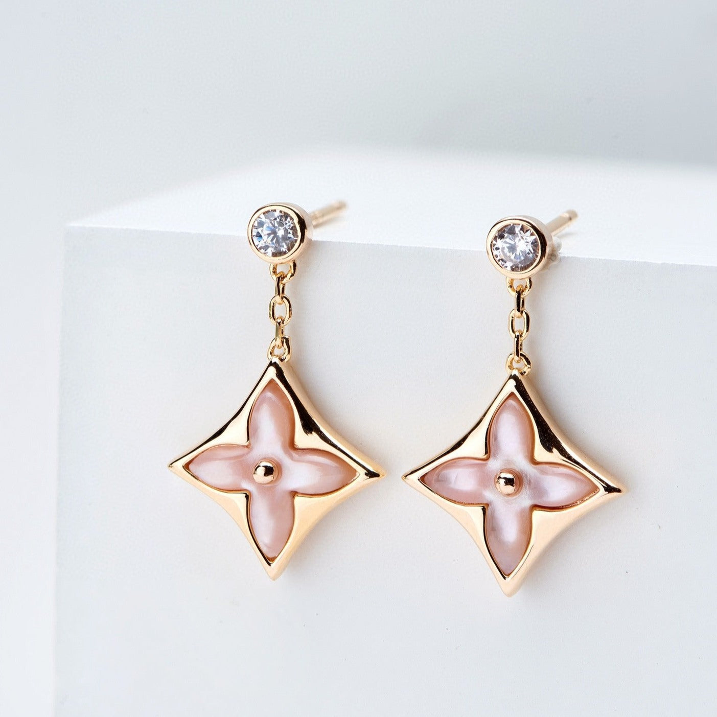 [Topon Jewelry]DOUBLE STAR PINK GOLD MOP DROP EARRINGS