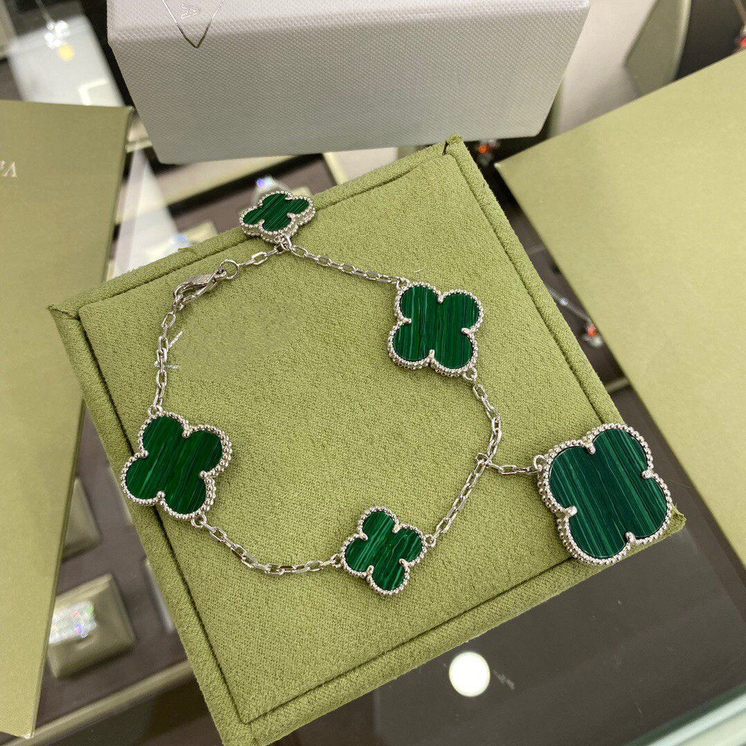 [Topon Jewelry]CLOVER 5 MOTIFS SIVLER MALACHITE BRACELET