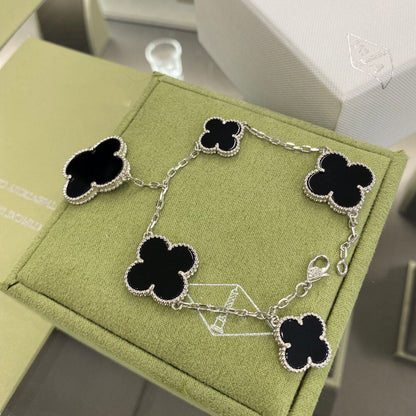 [Topon Jewelry]CLOVER 5 MOTIFS SIVLER ONYX BRACELET