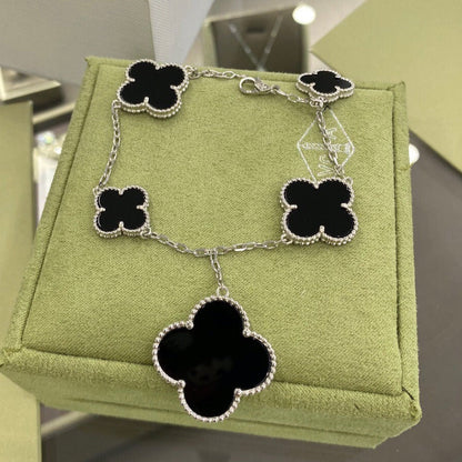 [Topon Jewelry]CLOVER 5 MOTIFS SIVLER ONYX BRACELET