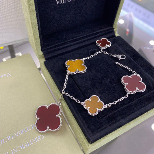 [Topon Jewelry]CLOVER 5 MOTIFS SIVLER CARNELIAN TIGER EYE BRACELET