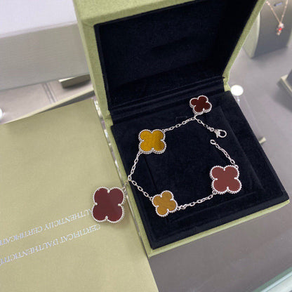 [Topon Jewelry]CLOVER 5 MOTIFS SIVLER CARNELIAN TIGER EYE BRACELET