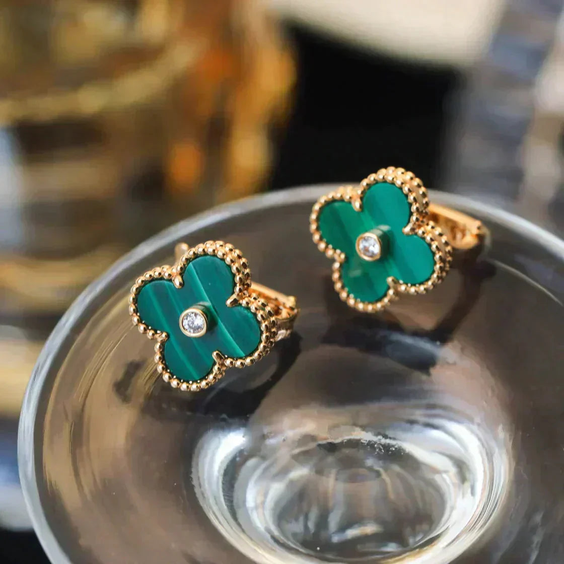 [Topon Jewelry]CLOVER MEDIUM 1 MOTIFS MALACHITE DIAMOND EARRINGS