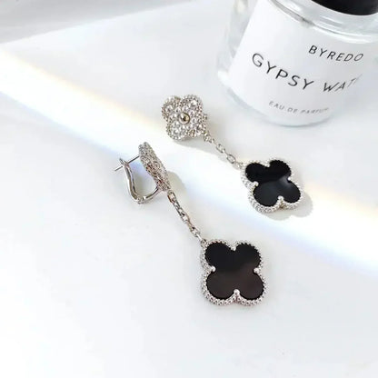 [Topon Jewelry]CLOVER 2 MOTIFS  DIAMOND ONYX EARRINGS SILVER