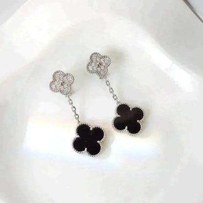 [Topon Jewelry]CLOVER 2 MOTIFS  DIAMOND ONYX EARRINGS SILVER