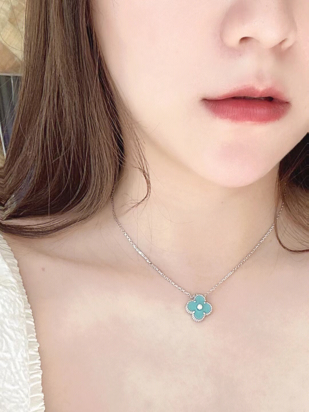 [Topon Jewelry]CLOVER 1 DIAMOND LIGHT BLUE SILVER NECKLACE