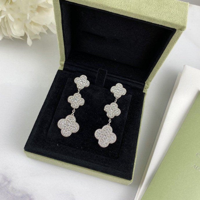 [Topon Jewelry]CLOVER 3 MOTIF DIAMOND SILVER DROP EARRINGS