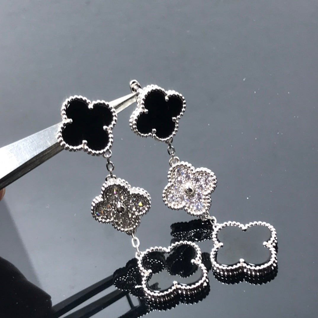 [Topon Jewelry]CLOVER 3 MOTIF DIAMOND ONYX SILVER EARRINGS