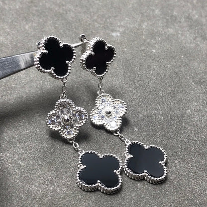 [Topon Jewelry]CLOVER 3 MOTIF DIAMOND ONYX SILVER EARRINGS