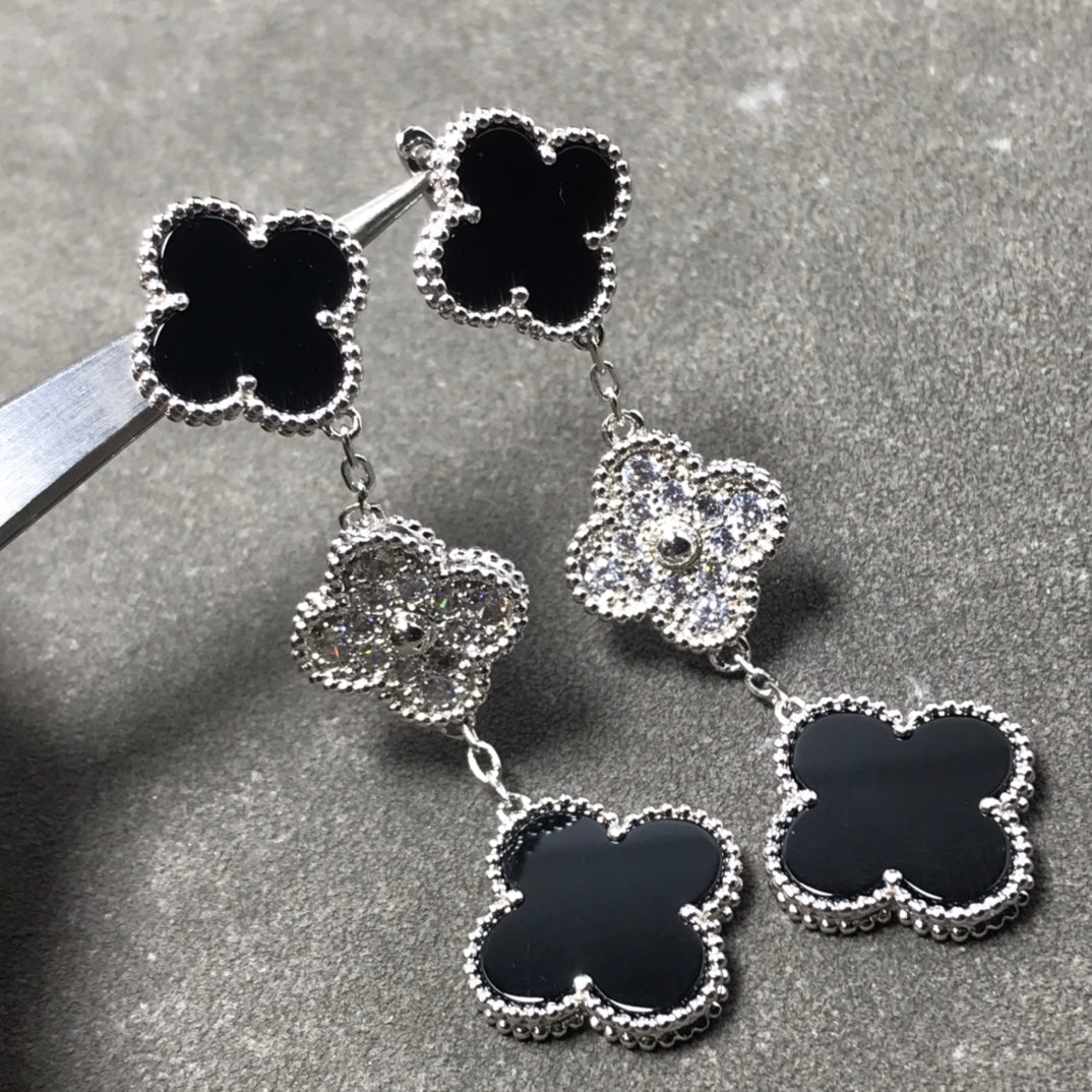 [Topon Jewelry]CLOVER 3 MOTIF DIAMOND ONYX SILVER EARRINGS