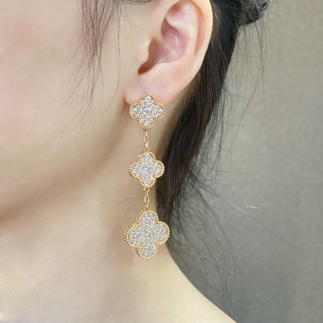 [Topon Jewelry]CLOVER 3 MOTIFS DIAMOND PAVED ROSE GOLD EARRINGS