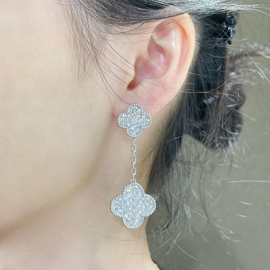 [Topon Jewelry]CLOVER 2 MOTIFS DIAMOND PAVED SILVER EARRINGS