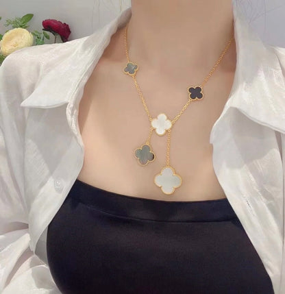 [Topon Jewelry]CLOVER 6 MOTIF MOP ONYX GOLD NECKLACE