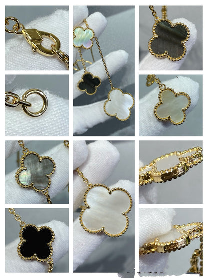 [Topon Jewelry]CLOVER 6 MOTIF MOP ONYX GOLD NECKLACE