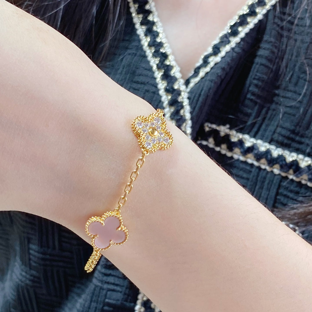 [Topon Jewelry]CLOVER 5 MOTIF DIAMOND PINK MOP PINK GOLD BRACELET