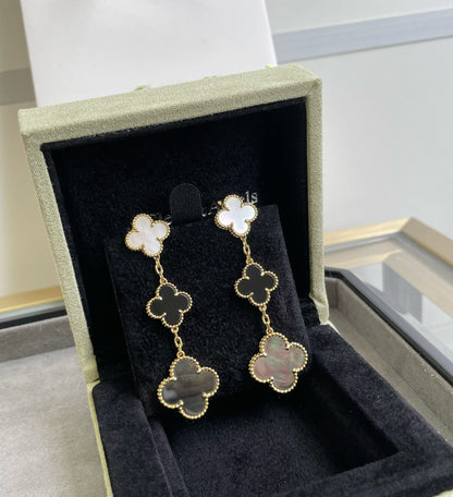 [Topon Jewelry]CLOVER 3 MOTIF MOP ONYX DARK MOP PINK GOLD EARRINGS