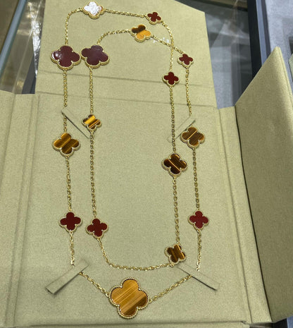 [Topon Jewelry]CLOVER 16 MOTIF CARNELIAN TIGER EYE ROSE GOLD NECKLACE