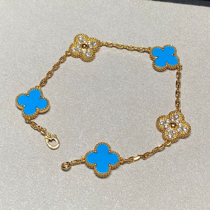 [Topon Jewelry]CLOVER 5 MOTIF BLUE CHALCEDONY DIAMOND GOLD BRACELET