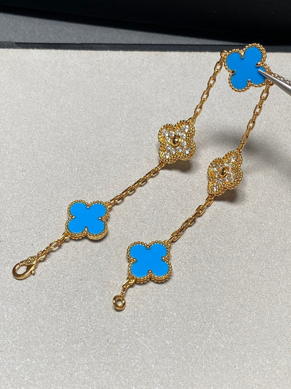 [Topon Jewelry]CLOVER 5 MOTIF BLUE CHALCEDONY DIAMOND GOLD BRACELET