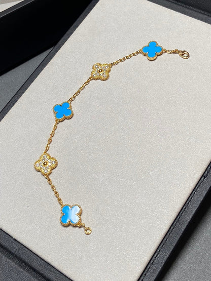 [Topon Jewelry]CLOVER 5 MOTIF BLUE CHALCEDONY DIAMOND GOLD BRACELET