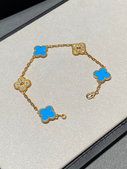 [Topon Jewelry]CLOVER 5 MOTIF BLUE CHALCEDONY DIAMOND GOLD BRACELET