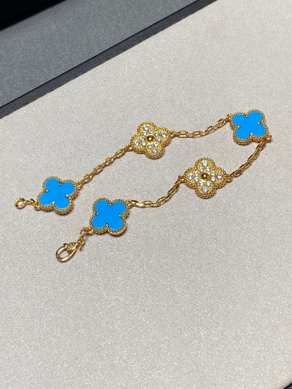 [Topon Jewelry]CLOVER 5 MOTIF BLUE CHALCEDONY DIAMOND GOLD BRACELET