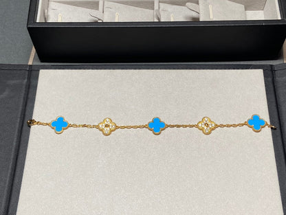 [Topon Jewelry]CLOVER 5 MOTIF BLUE CHALCEDONY DIAMOND GOLD BRACELET