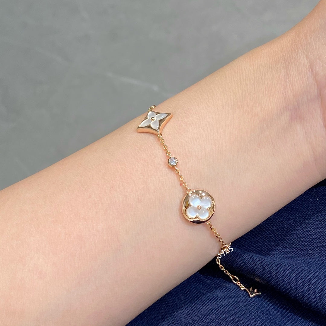 [Topon Jewelry]STAR AND SUN 4 MOTIF WHITE MOP PINK GOLD BRACELET