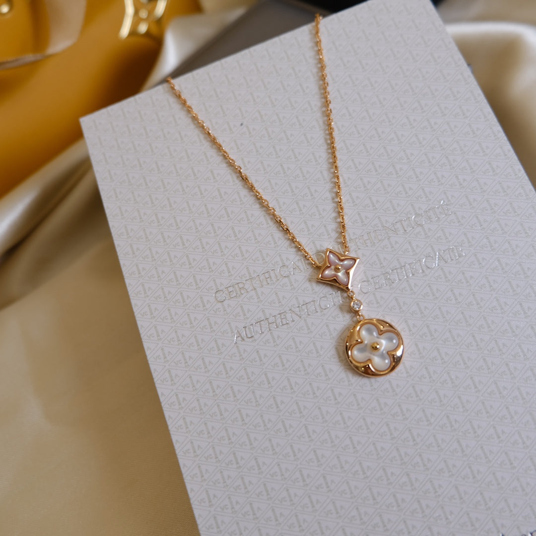 [Topon Jewelry]STAR AND SUN WHITE MOP 2 MOTIF PINK GOLD NECKLACE