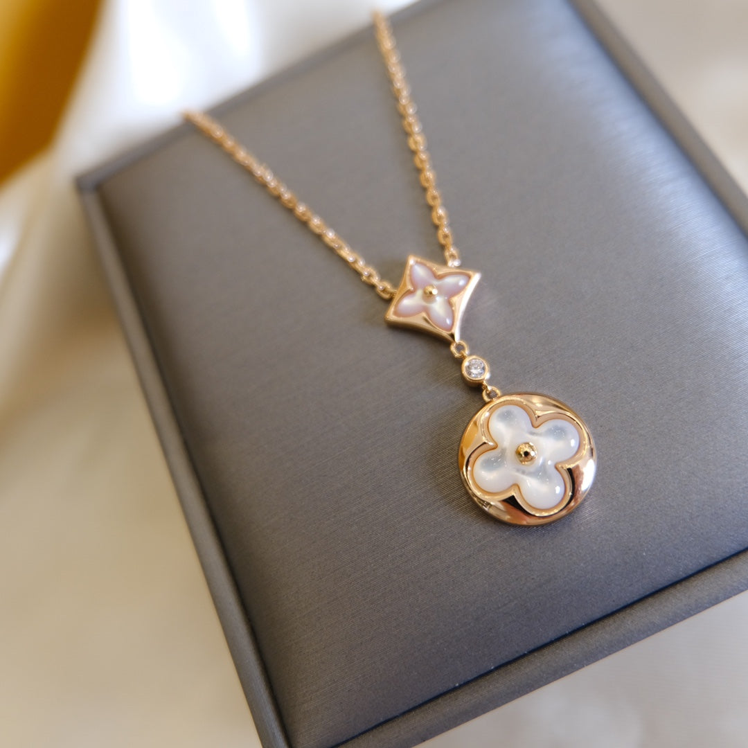 [Topon Jewelry]STAR AND SUN WHITE MOP 2 MOTIF PINK GOLD NECKLACE