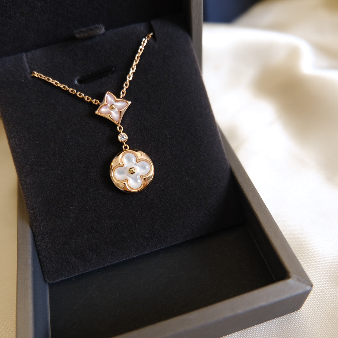 [Topon Jewelry]STAR AND SUN WHITE MOP 2 MOTIF PINK GOLD NECKLACE