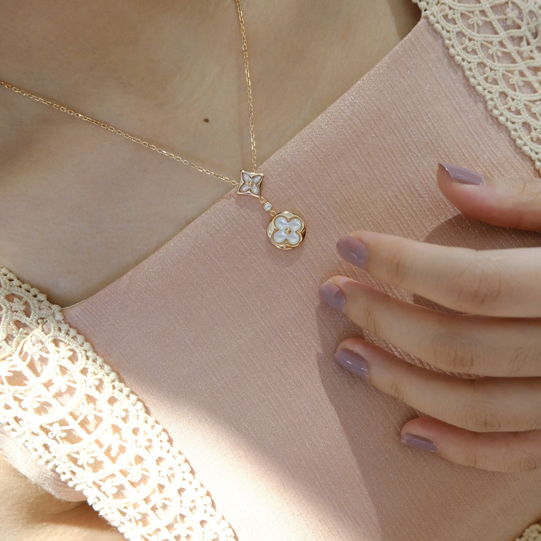 [Topon Jewelry]STAR AND SUN WHITE MOP 2 MOTIF PINK GOLD NECKLACE