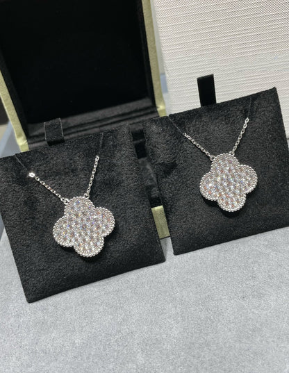 [Topon Jewelry]CLOVER 25MM LARGE PENDANT DIAMOND PAVED SILVER NECKLACE